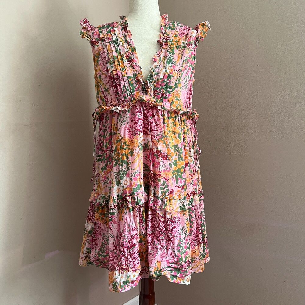 Banjanan Chandra Pink Floral Tiered Ruffle Mini Dress Cotton Boho Garden Size M